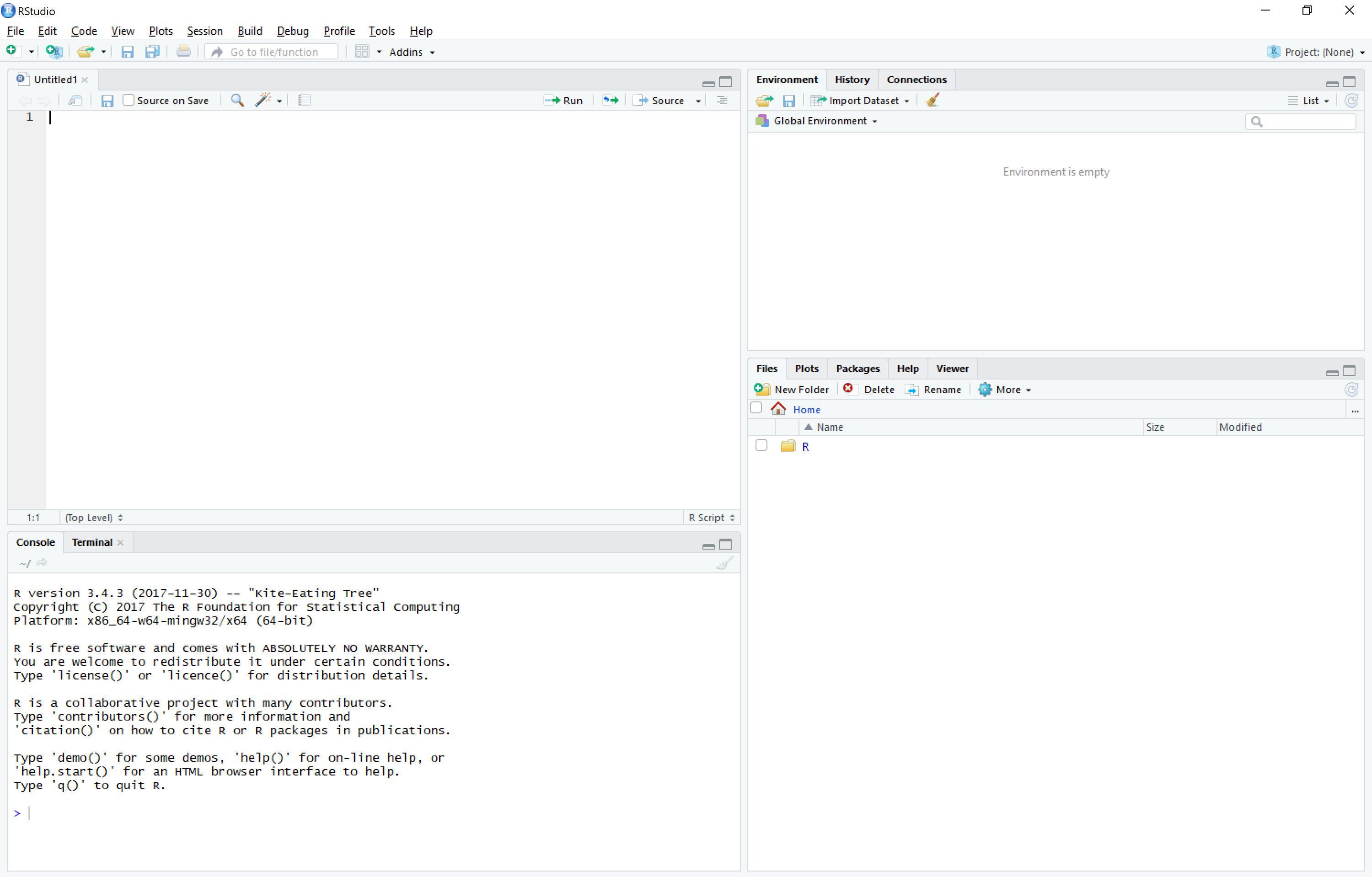 RStudio layout with .R file open